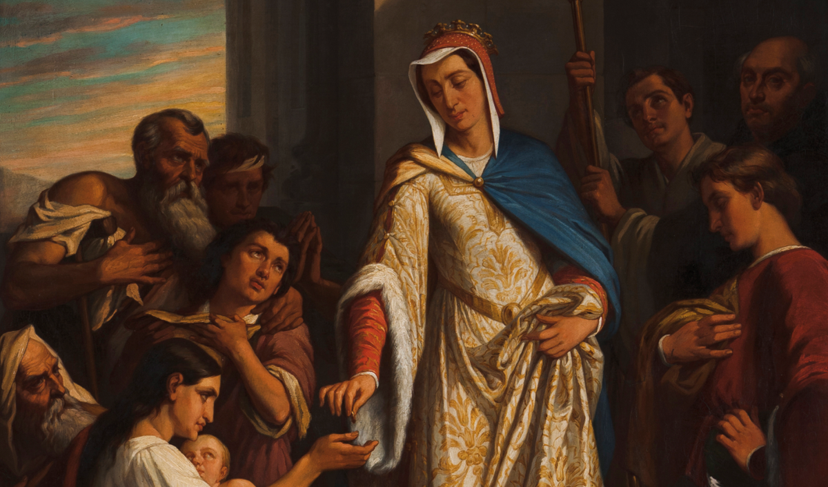 Saint Elizabeth of Portugal Distributing Alms (1866) by João António Correia - Public Domain Catholic Painting