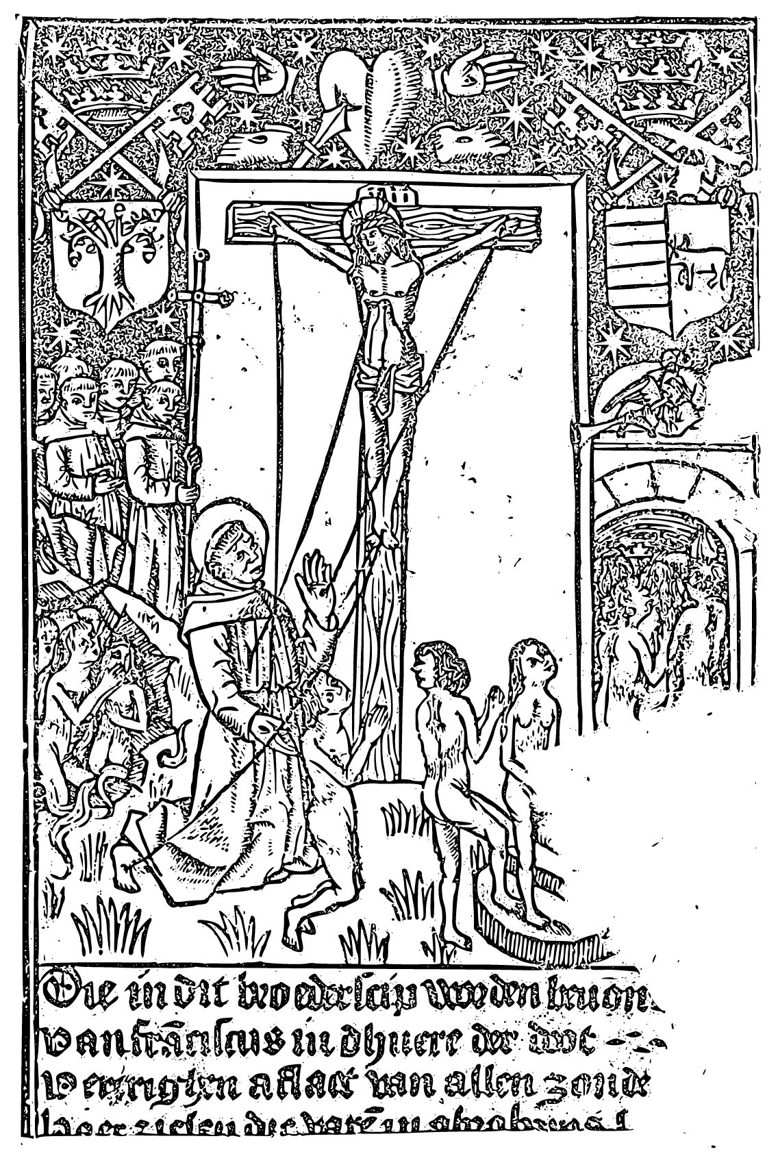 Christ on the Cross with Saint Francis and the Last Judgment (1490-1510, Netherlands) - Catholic Coloring Page