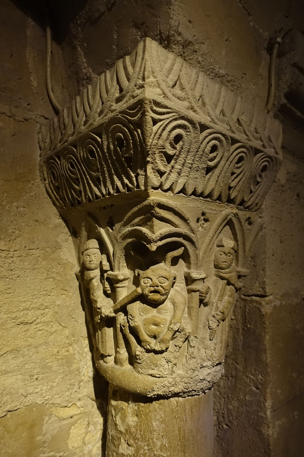 Capital of a Column in the Carolingian Crypt (2016, France) - Catholic Stock Photo