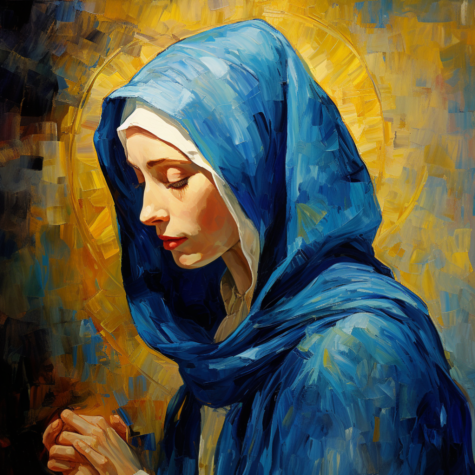 The Virgin Mary in Prayer (2023) by Virginia S. Benedicte - Public Domain Catholic Painting