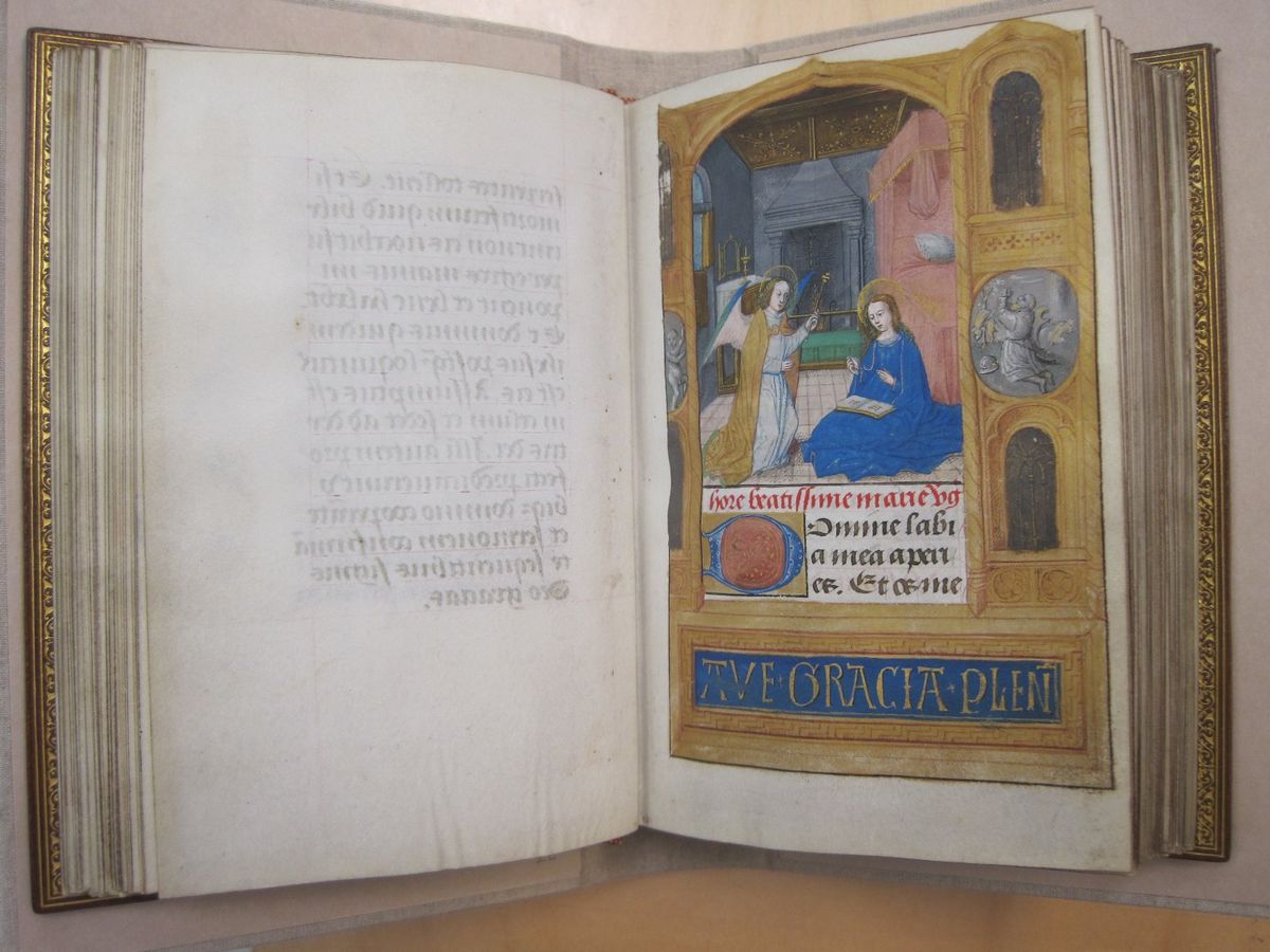 Annunciation page in the Horae Beatae Mariae Virginis (Flemish, 1510-1530) - Public Domain Illuminated Manuscript