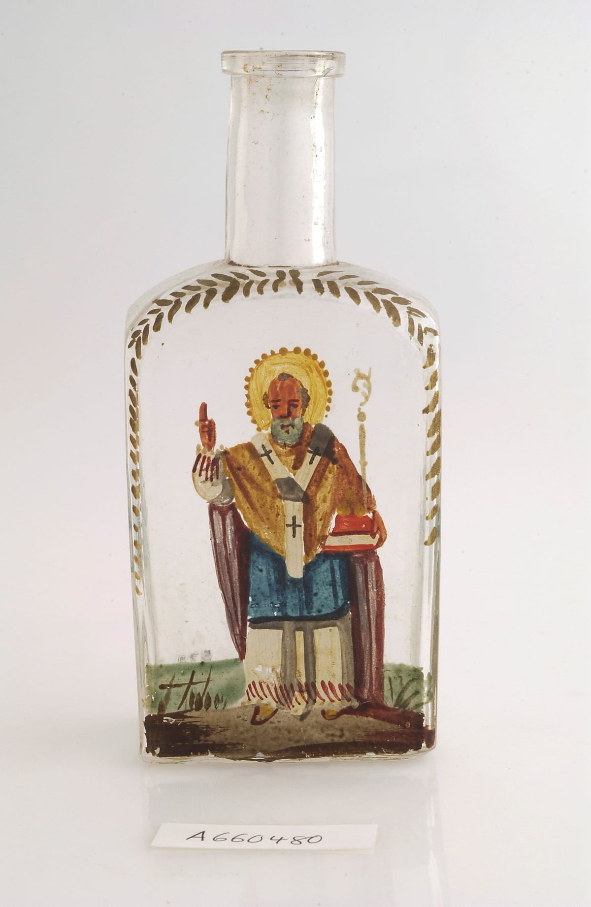 Bottle Decorated with the Picture of a saint, possible St Nicolas of Myrna (unknown date) - Catholic Stock Photo