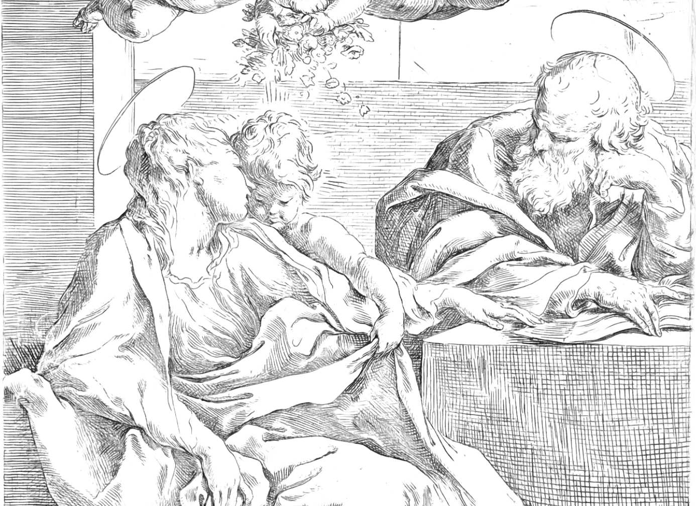 The Holy Family with Two Angels (1590–1610) by Guido Reni - Catholic Coloring Page