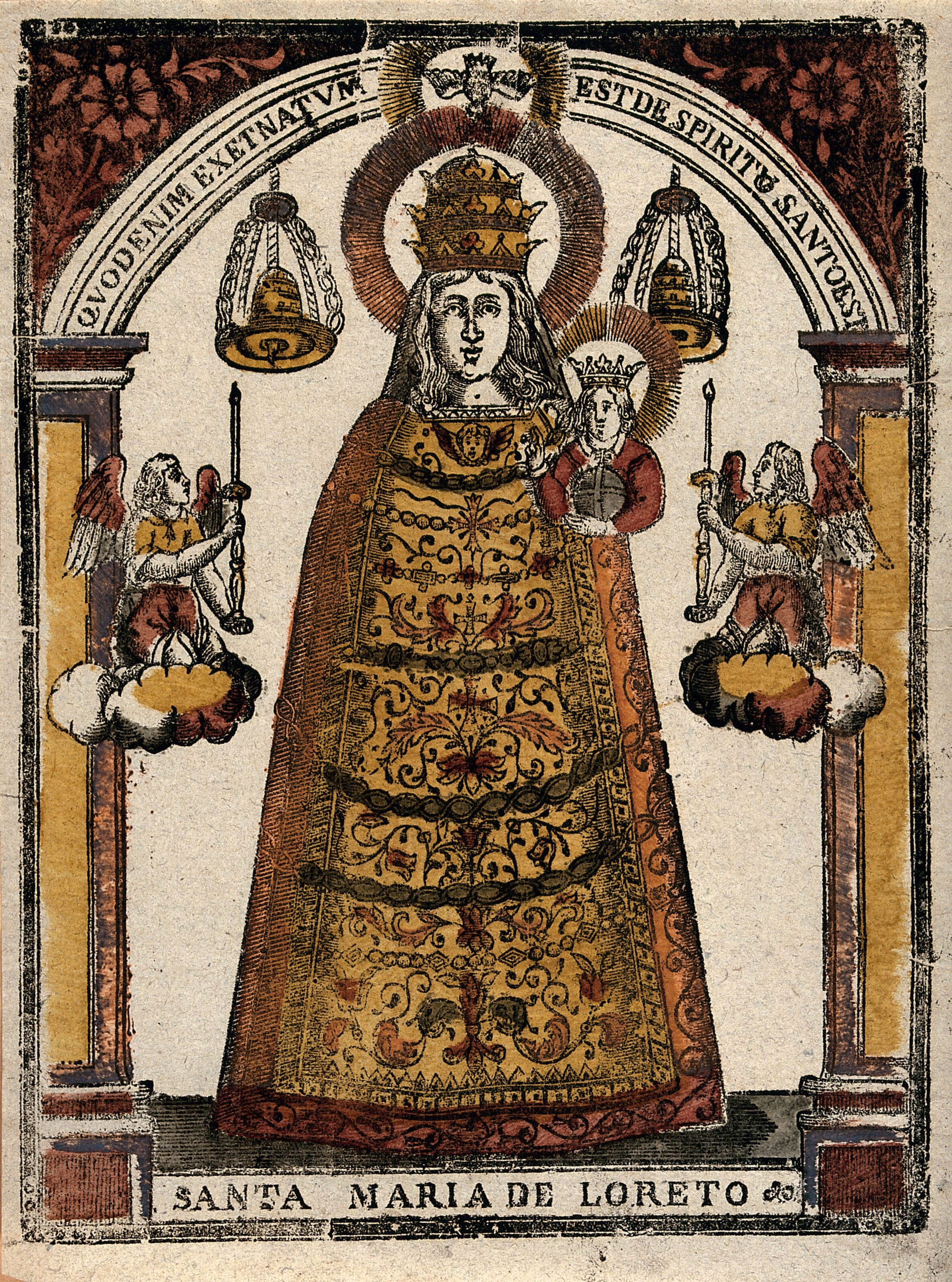 The Virgin of Loreto. Coloured woodcut (unknown author and date) - Public Domain Catholic Painting