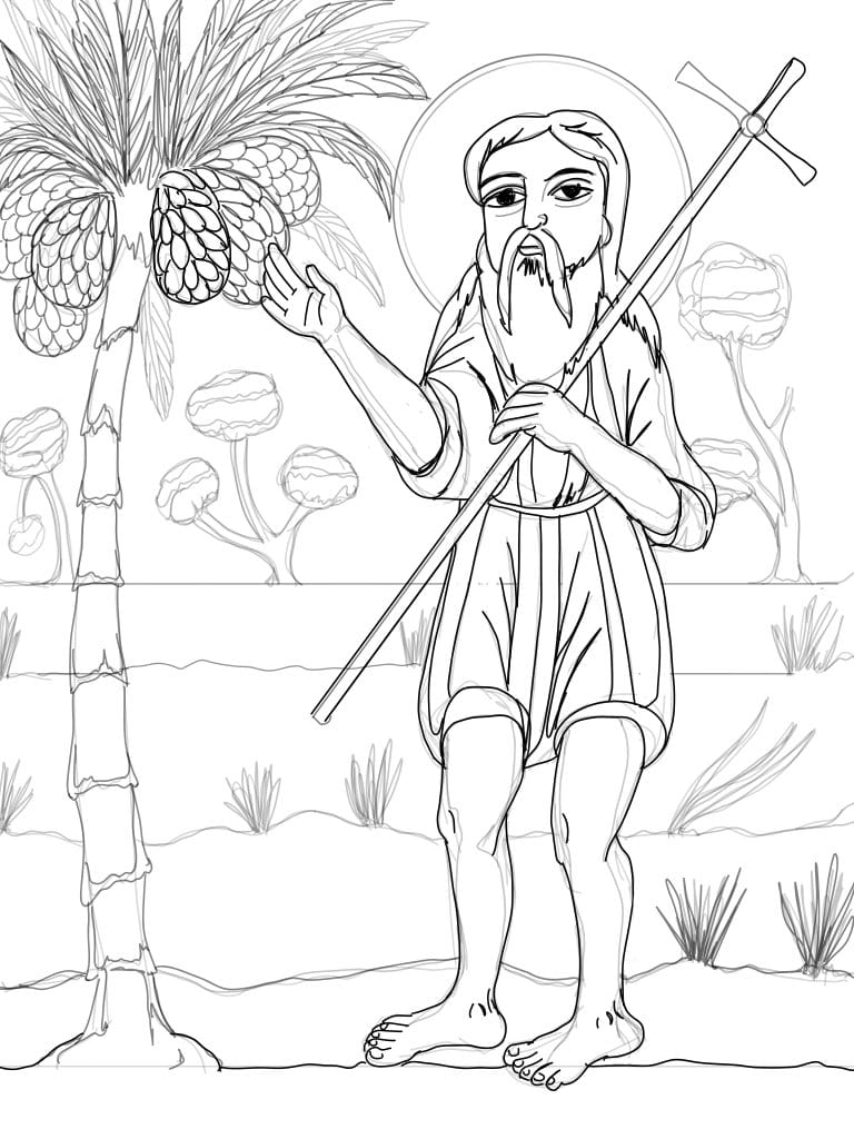 Saint Onophrios Coptic Icon (2025) by Angelo Cason Jr. - Public Domain Orthodox Icon Coloring Page