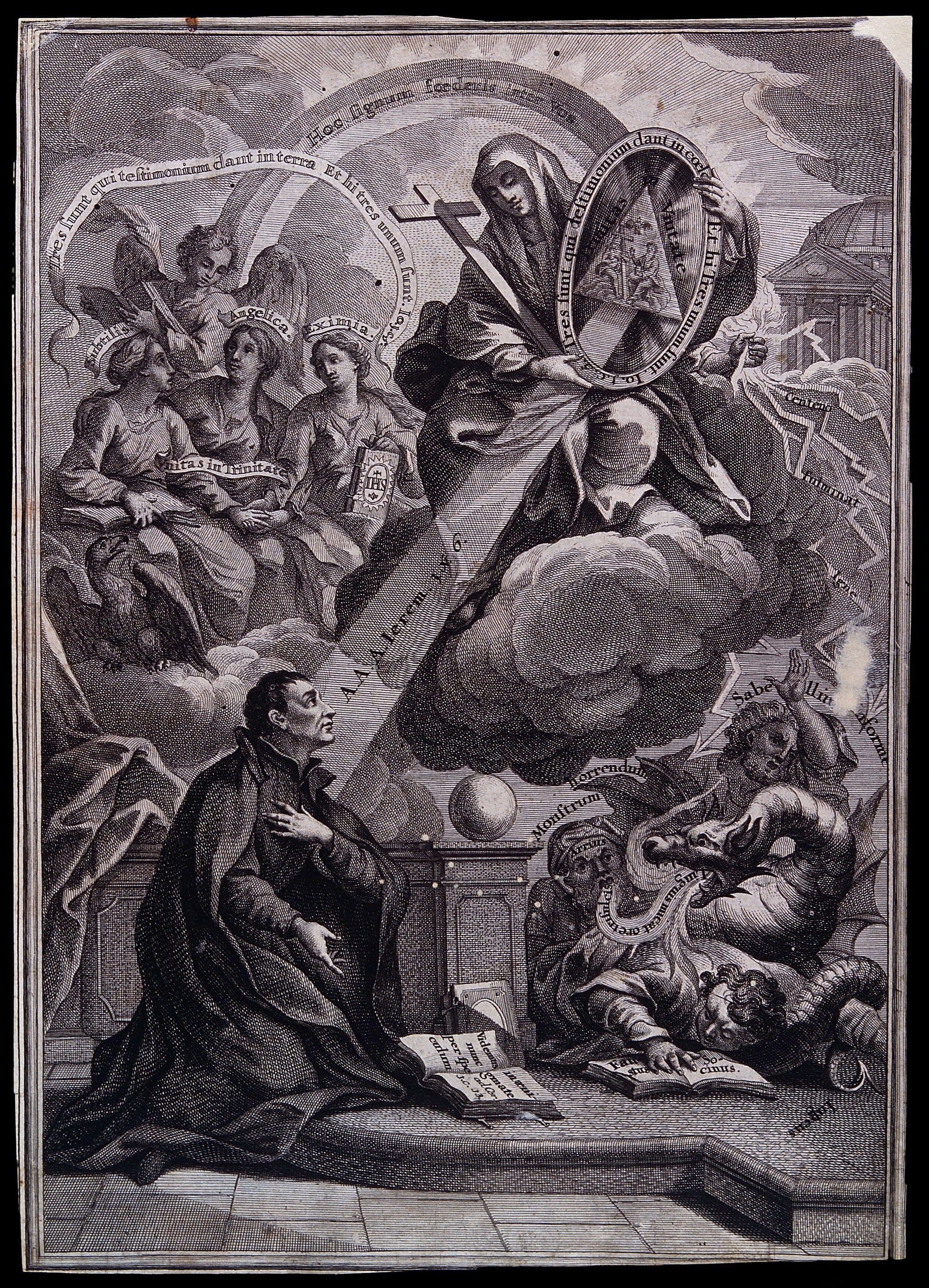 A saint appeals to Saint Mary (the Blessed Virgin) for help in asserting the Trinity and resisting the monster of heresy.
