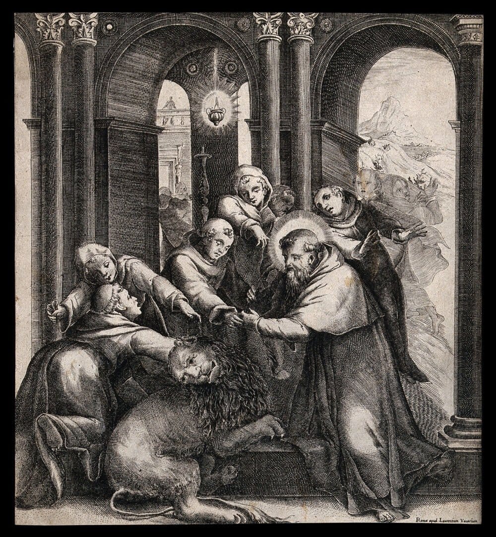 A Monastic Saint with Monks and a Lion in a Cloister