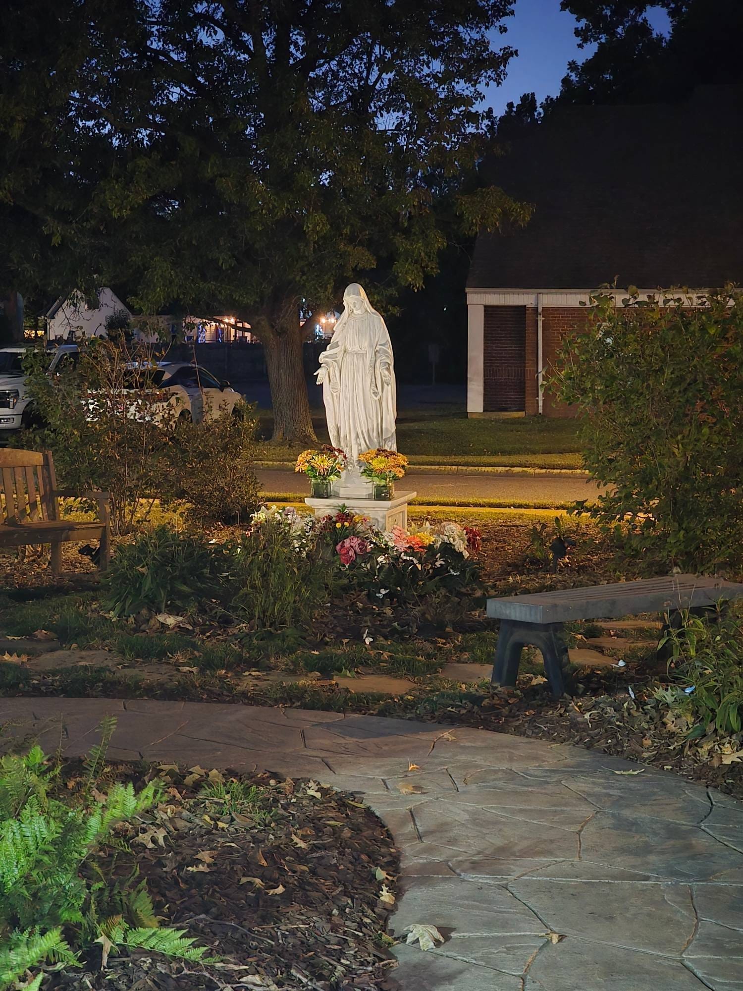 Virgin Mary Statue and Flower Garden at Night, Church of the Ascension, Virginia Beach