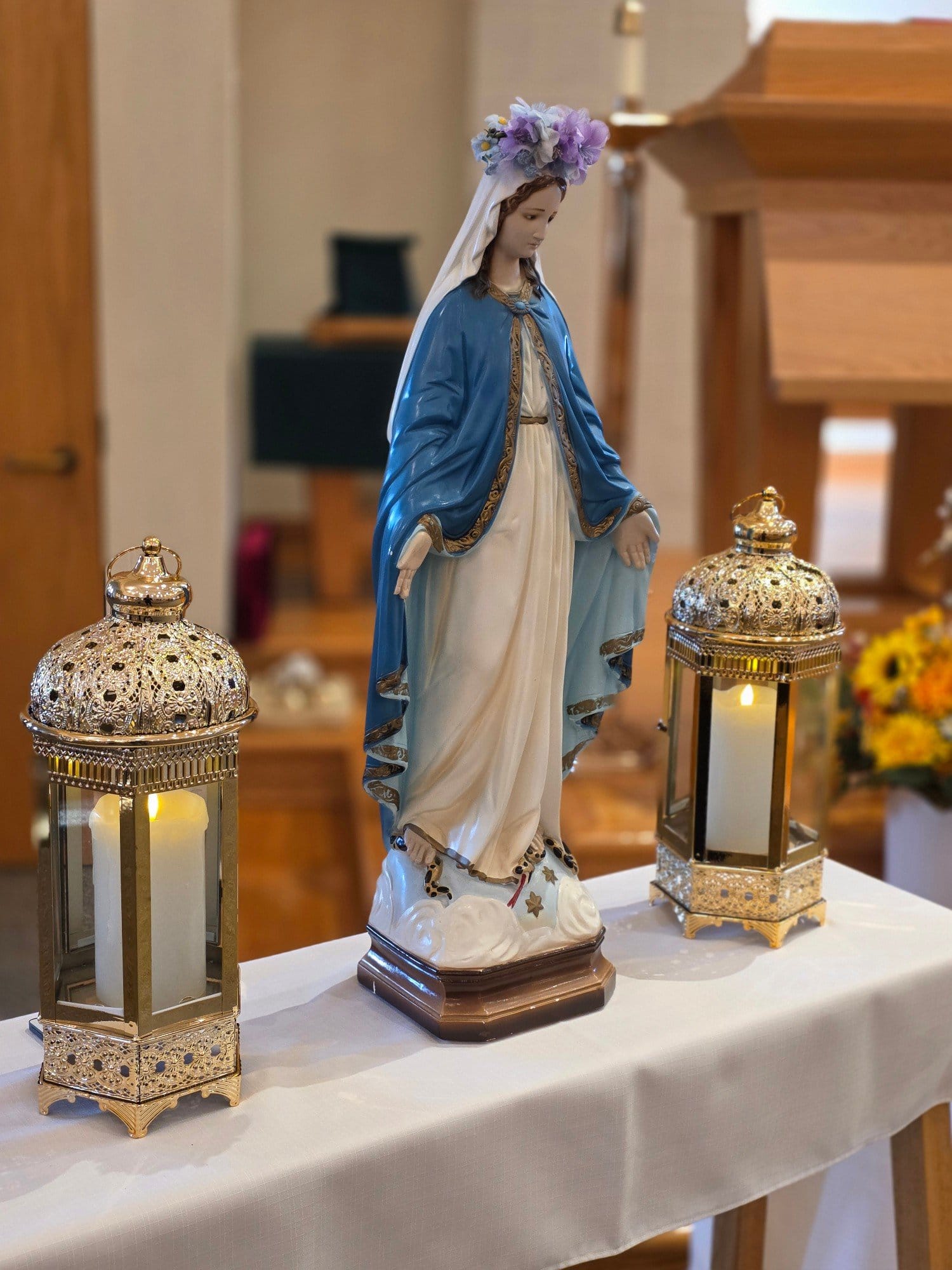 Virgin Mary Statue with Flower Crown and Candle Lanterns, Holy Spirit Catholic Church, Virginia Beach