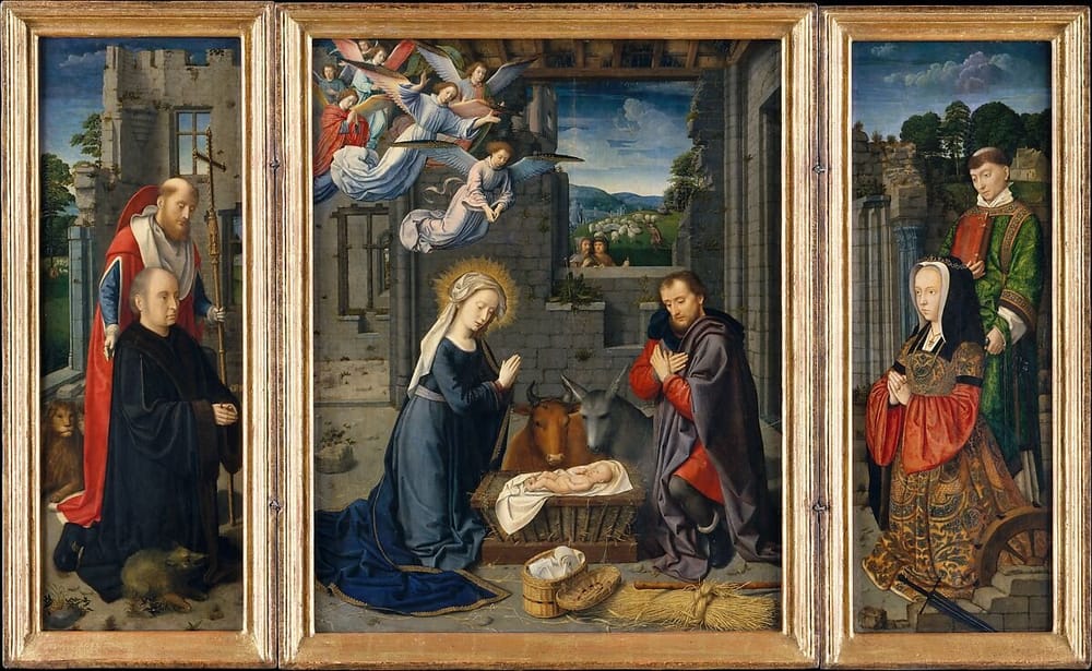 The Nativity with Donors and Saints Jerome and Leonard (1510-1515) by Gerard David