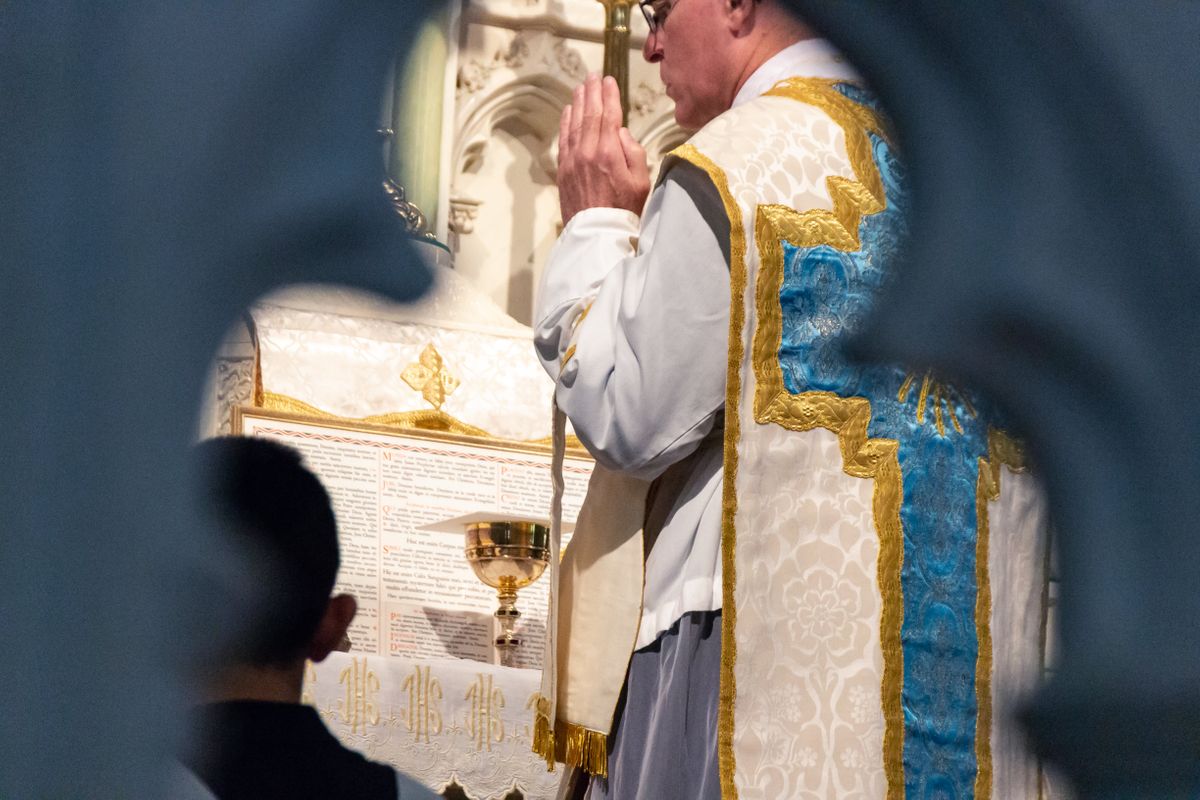 Priest Through Altar Rail - Catholic Stock Photo