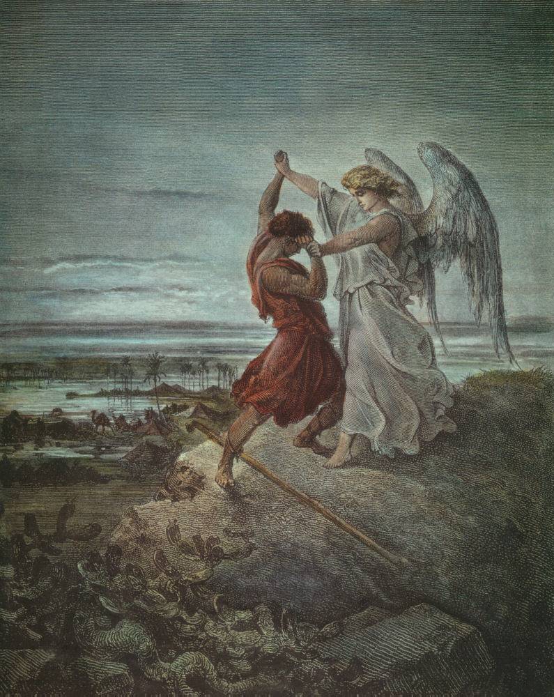 Jacob Wrestling with the Angel by Gustave Doré (1855) - Public Domain Catholic Painting