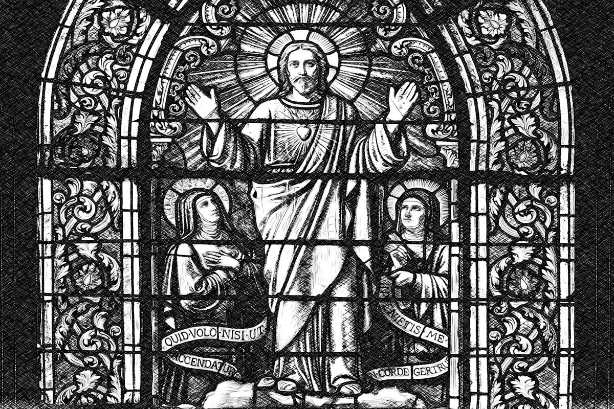 Jesus with Saint Margaret Mary Alacoque and Blessed Mary of the Divine Heart - Catholic Coloring Page
