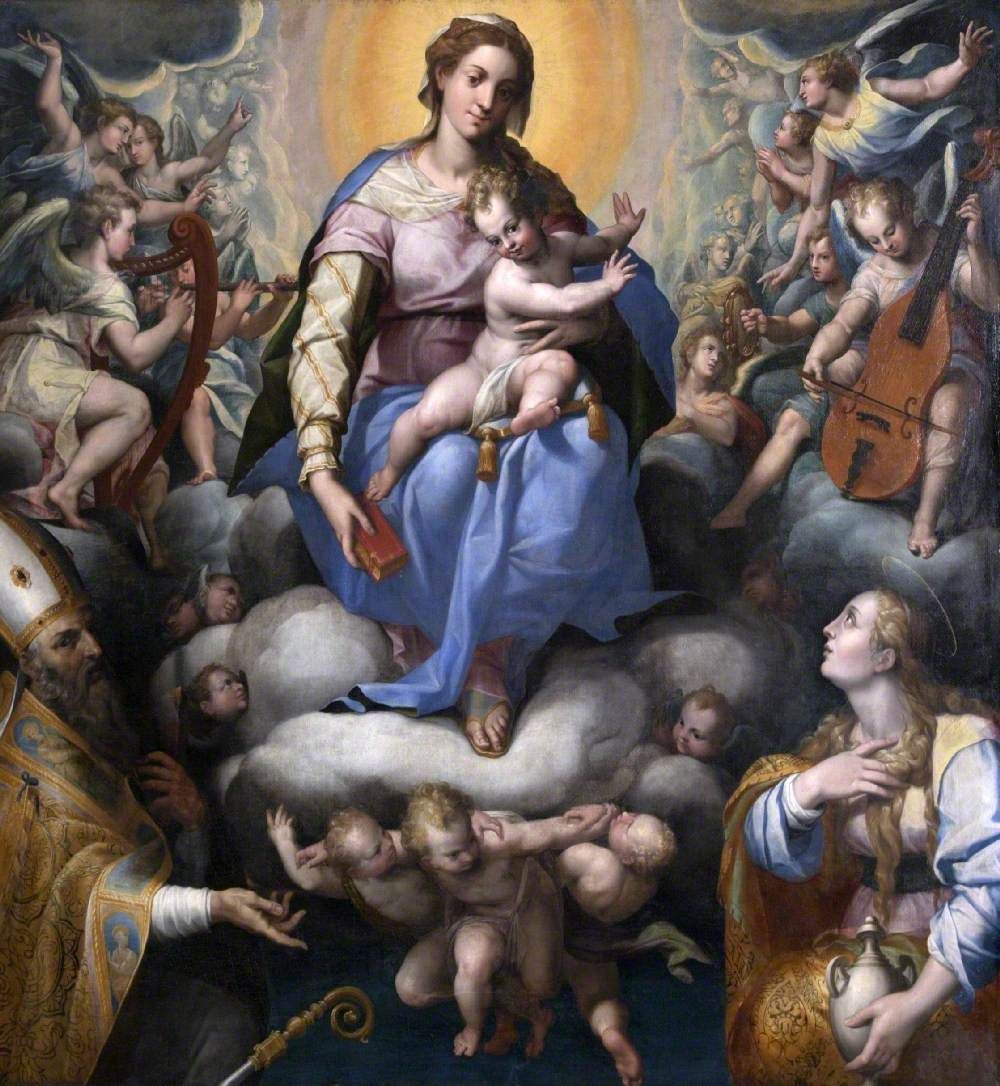 Madonna and Child in Glory with Angels by Orazio Samacchini (16th Century) - Public Domain Catholic Painting
