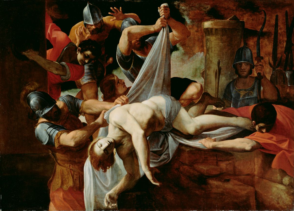 Saint Sebastian Thrown into the Cloaca Maxima by Ludovico Carracci (1612) - Public Domain Catholic Painting