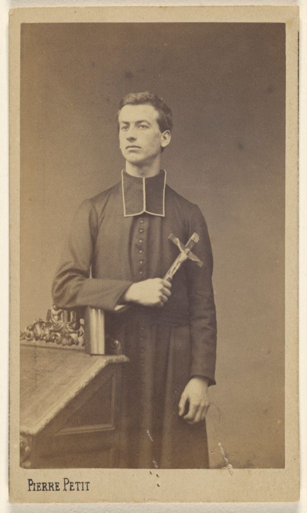French Priest Holding a Crucifix (1865) - Catholic Stock Photo