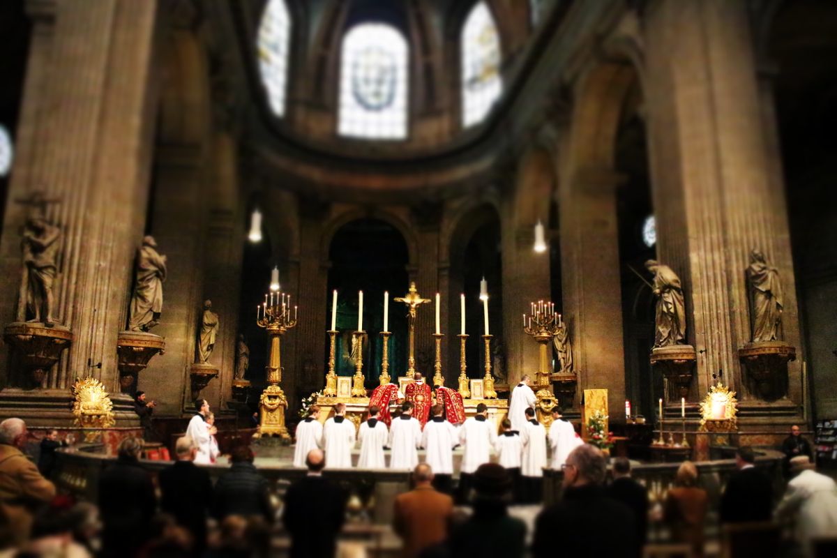 Latin Mass at Saint Sulpice Church, Paris - Catholic Stock Photo