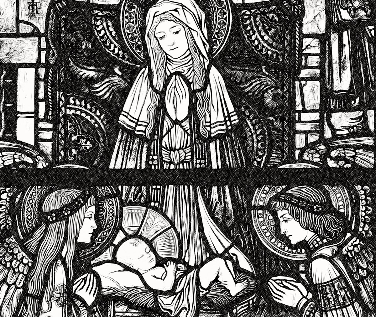 Nativity with an Angel - Catholic Coloring Page