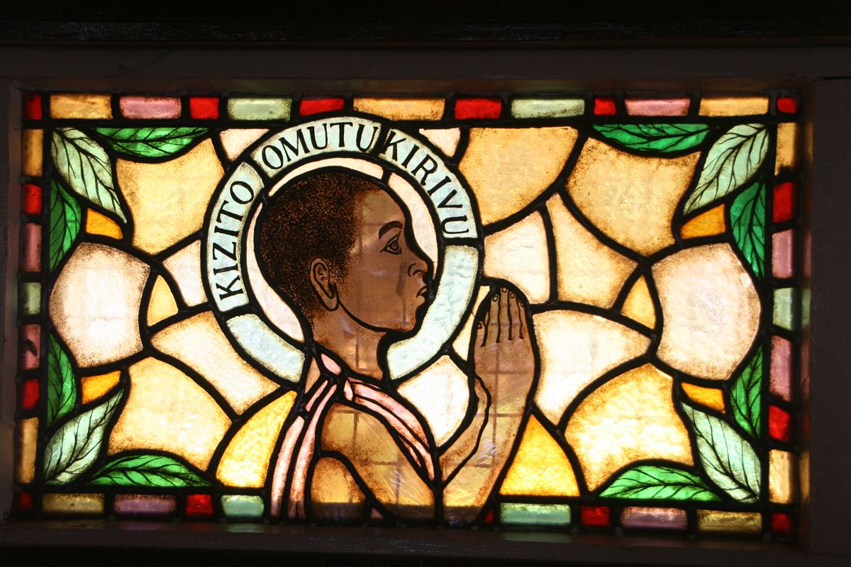 Stained Glass Window at Church of Uganda Martyrs - Catholic Stock Photo