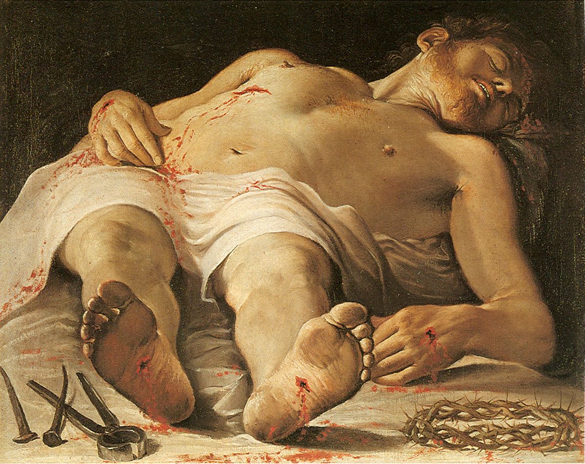 Corpse of Christ by Annibale Carracci (1583–1585) - Public Domain Catholic Painting