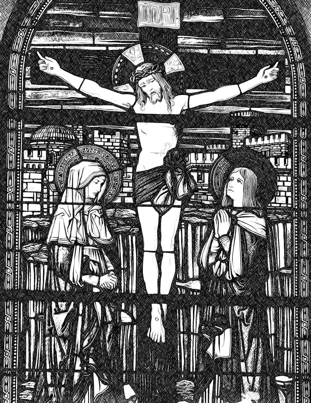Crucifixion with the Virgin Mary and John the Apostle - Catholic Coloring Page
