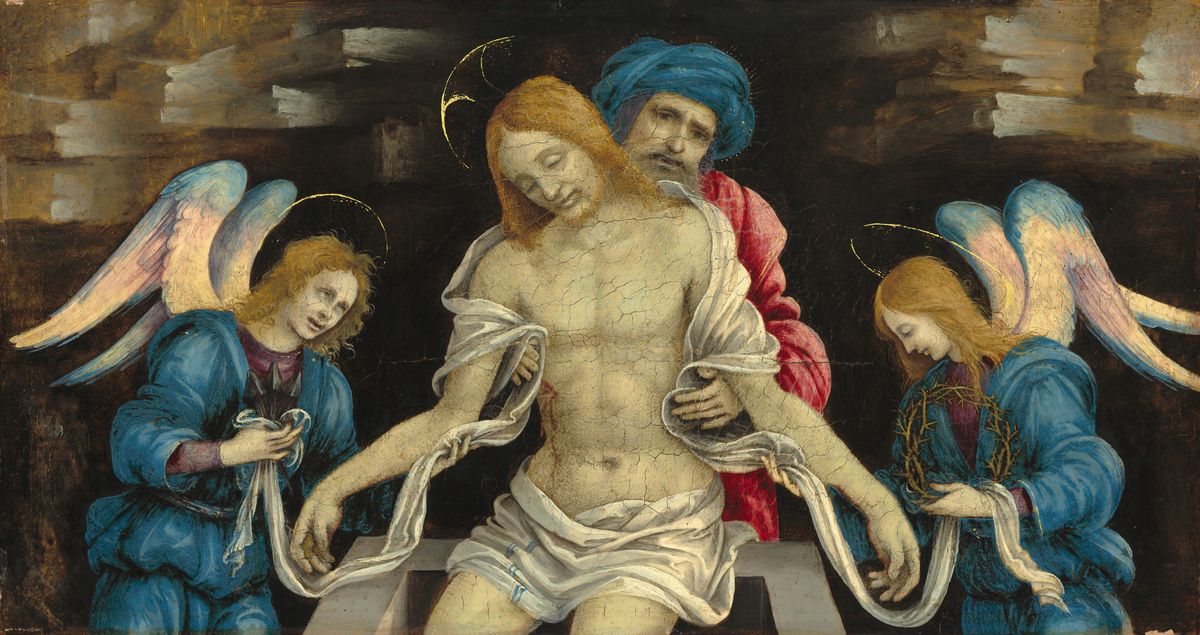 The Dead Christ Mourned by Nicodemus and Two Angels by Filippino Lippi (1500) - Public Domain Bible Painting