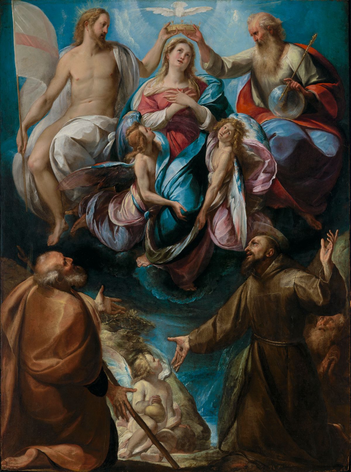 The Coronation of the Virgin with Saints Joseph and Francis by Giulio Cesare Procaccini (1605) - Public Domain Catholic Painting