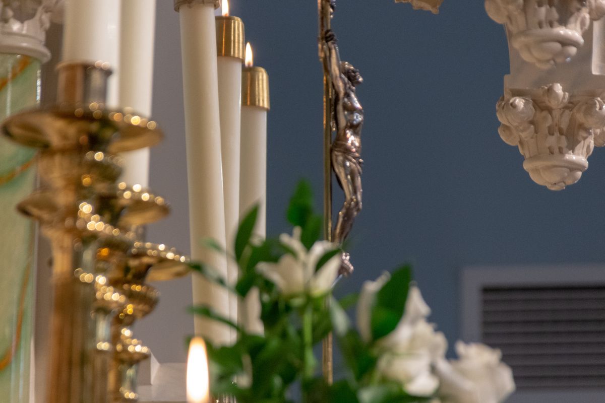 Altar Candles and Crucifix - Catholic Stock Photo