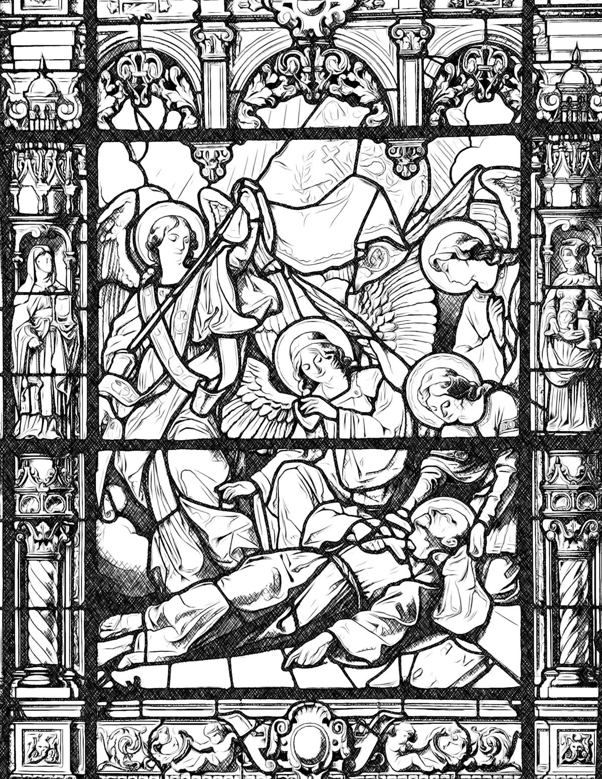 Angels with Dying Saint - Catholic Coloring Page