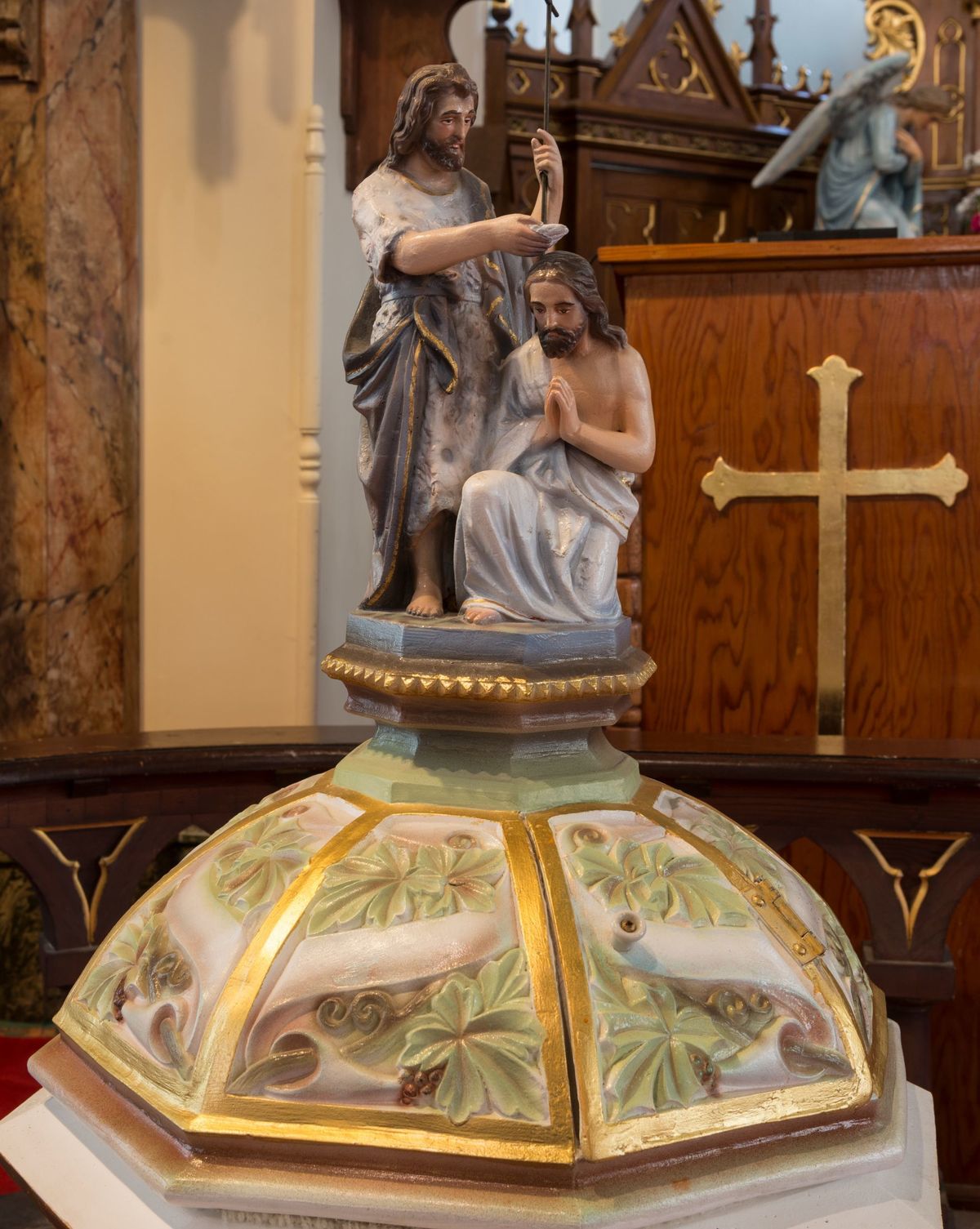 Baptismal Font at St. Mary Catholic Church, Texas - Catholic Stock Photo