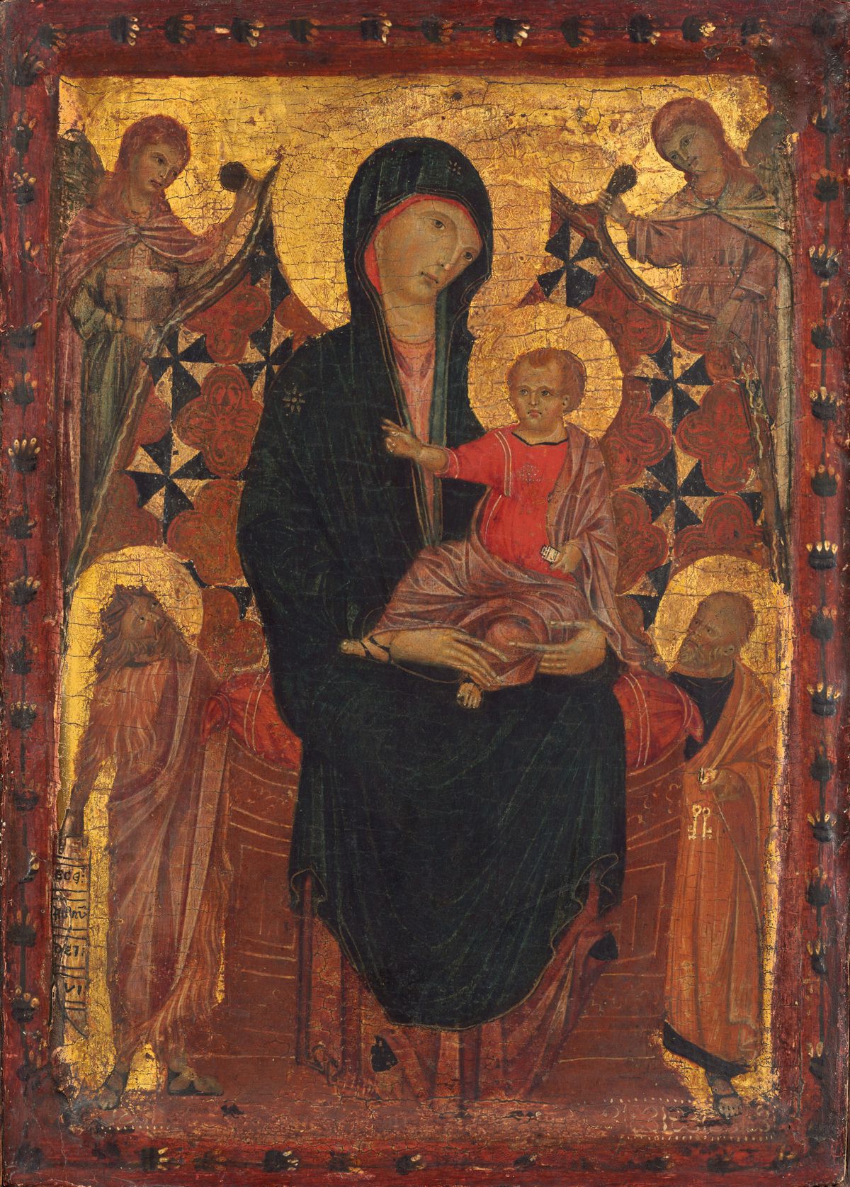 Madonna and Child with Saint John the Baptist, Saint Peter, and Two Angels (1290) - Public Domain Catholic Painting
