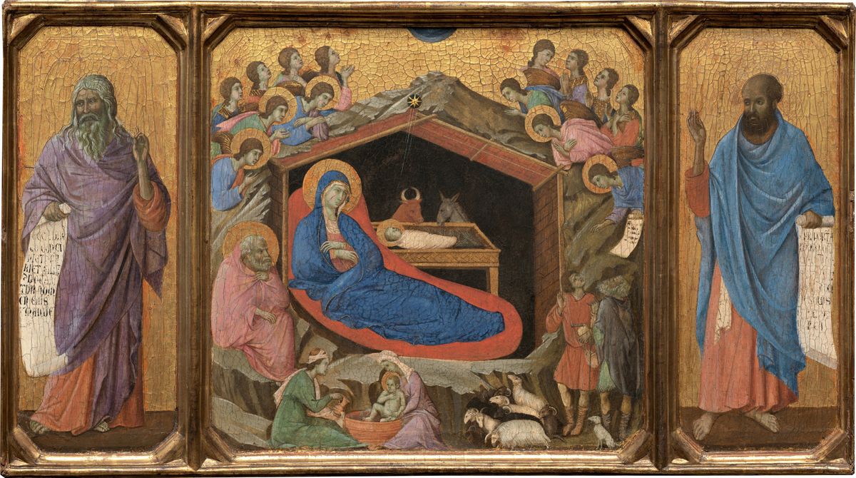 The Nativity with the Prophets Isaiah and Ezekiel by Duccio di Buoninsegna (1308-1311) - Public Domain Bible Painting