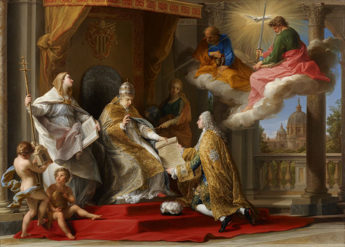 Pope Benedict XIV Presenting the Encyclical "Ex Omnibus" to the Comte de Stainville by Pompeo Girolamo Batoni (1757) - Public Domain Catholic Painting