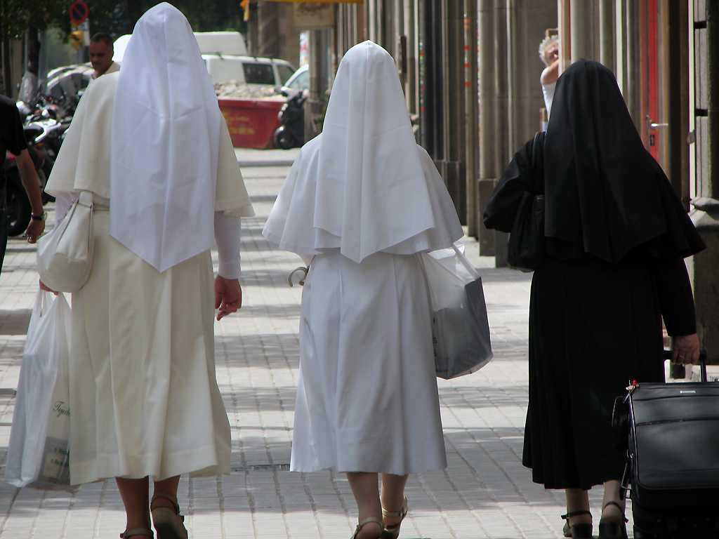 Nuns Walking in Barcelona - Catholic Stock Photo