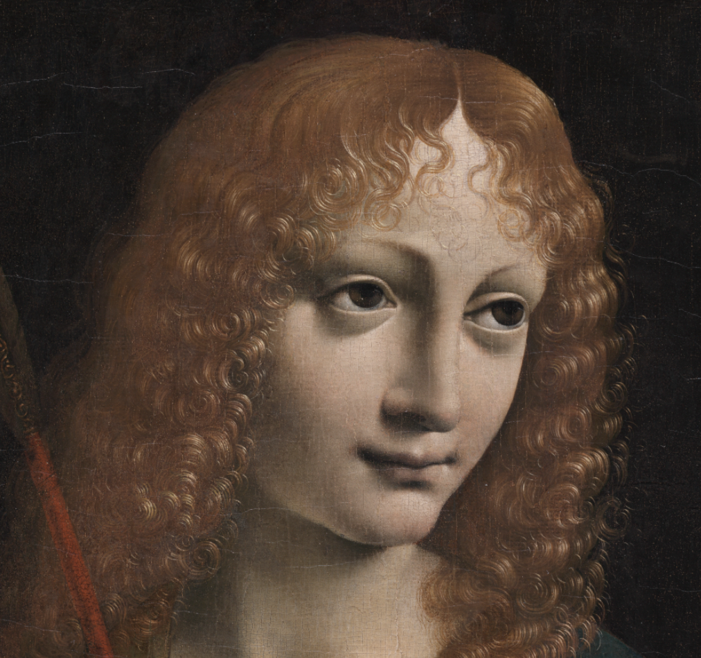 Portrait of a Youth as Saint Sebastian (late 1480s) attributed to Marco d'Oggiono - Public Domain Catholic Painting