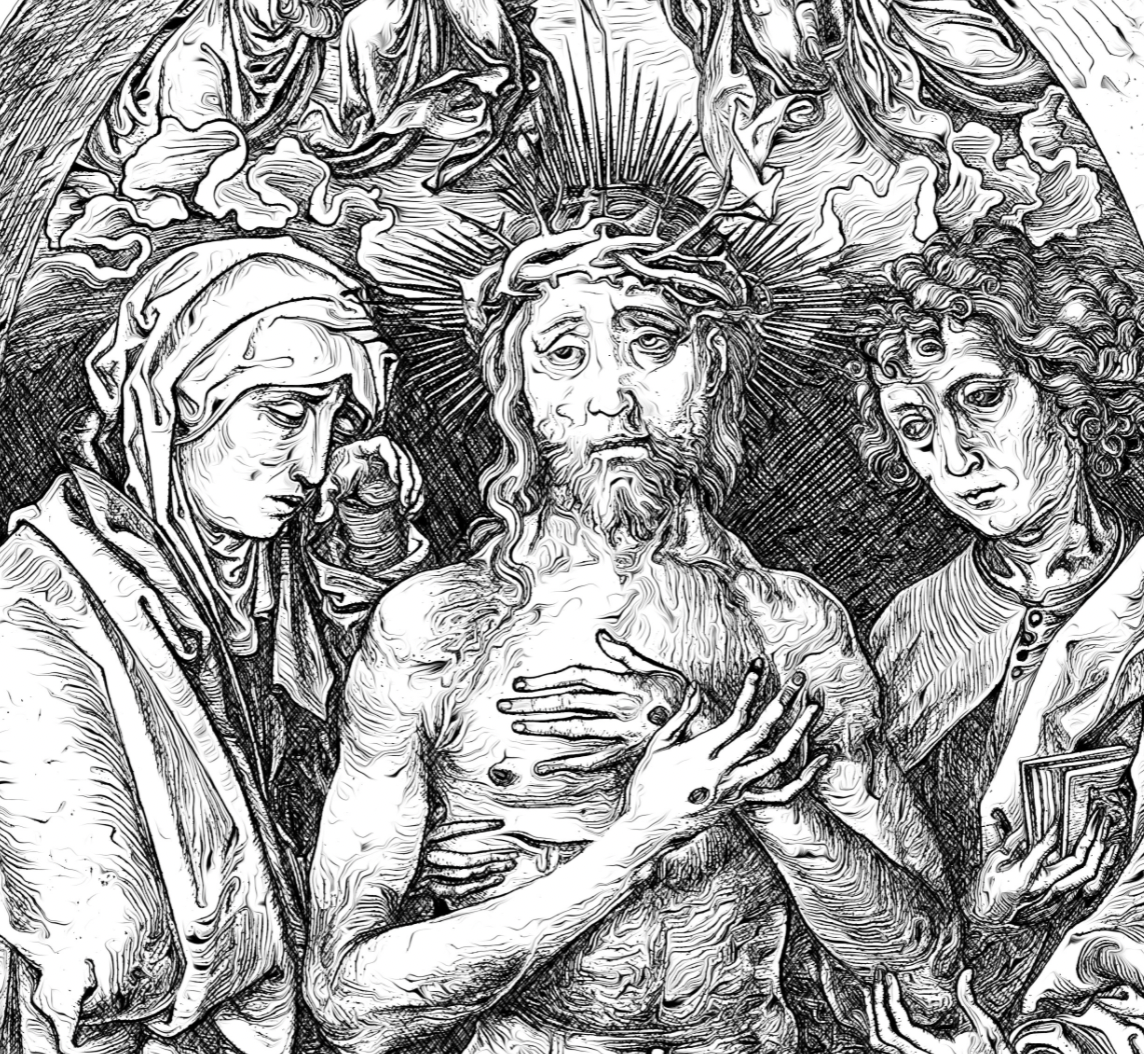 Christ as the Man of Sorrows between the Virgin and Saint John - Catholic Coloring Page