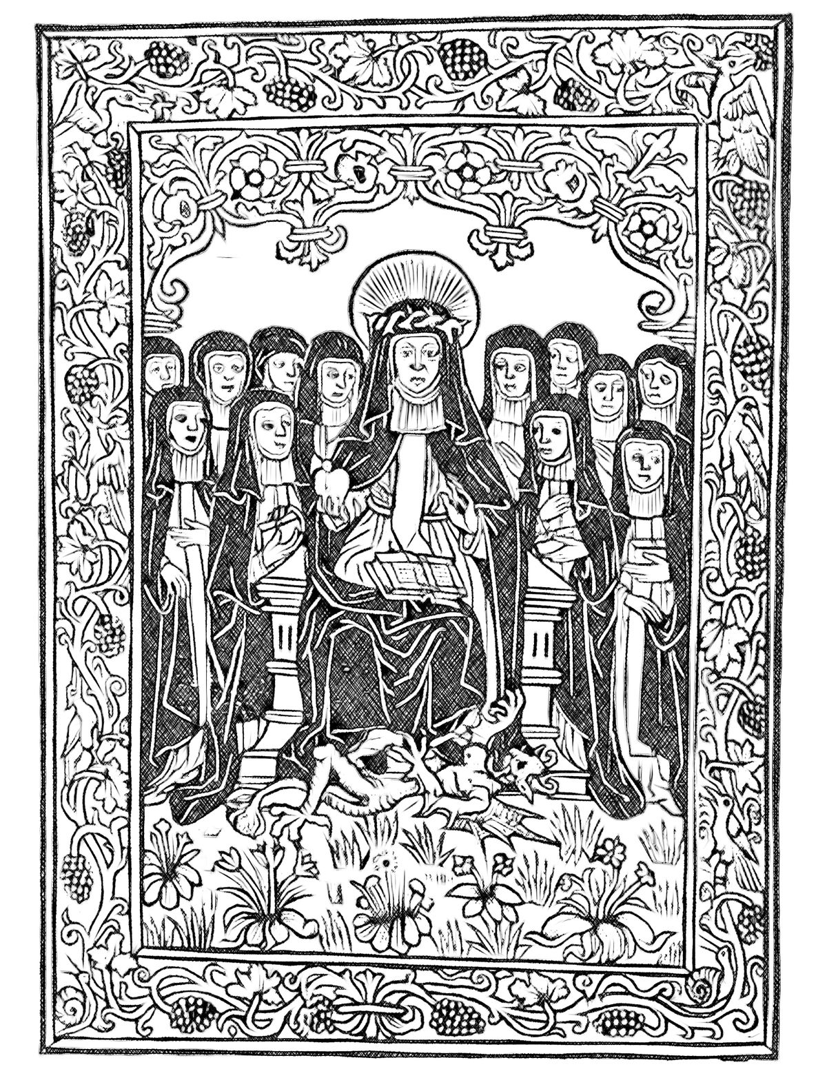 Catherine of Siena with Dominican Nuns - Catholic Coloring Page