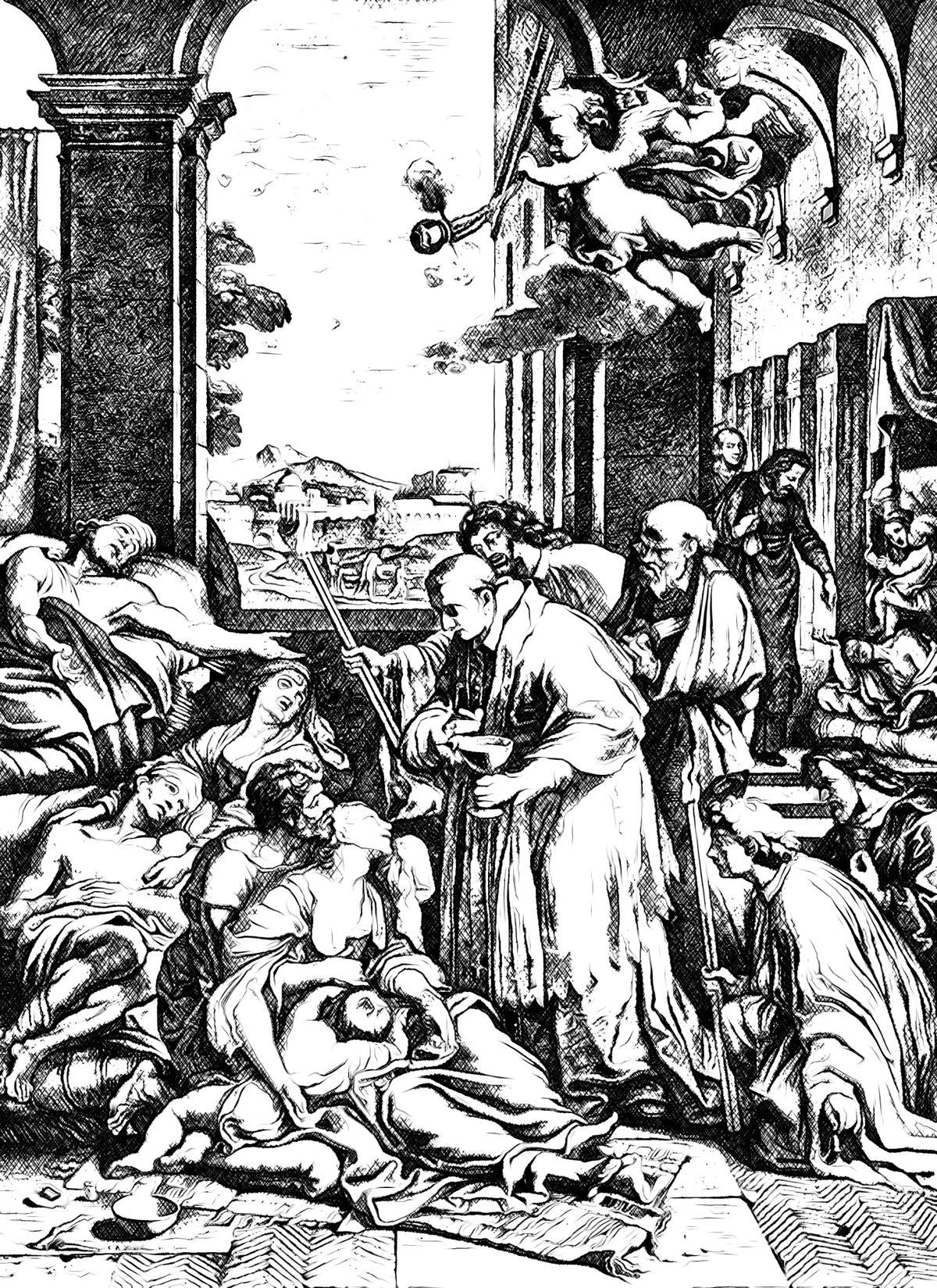 Priest Bringing Last Rites during a Plague - Catholic Coloring Page