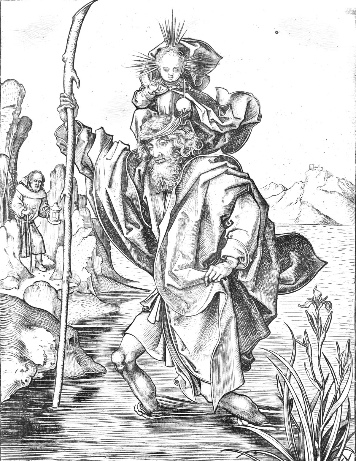 Saint Christopher (1475–1480) by Martin Schongauer - Catholic Coloring Page