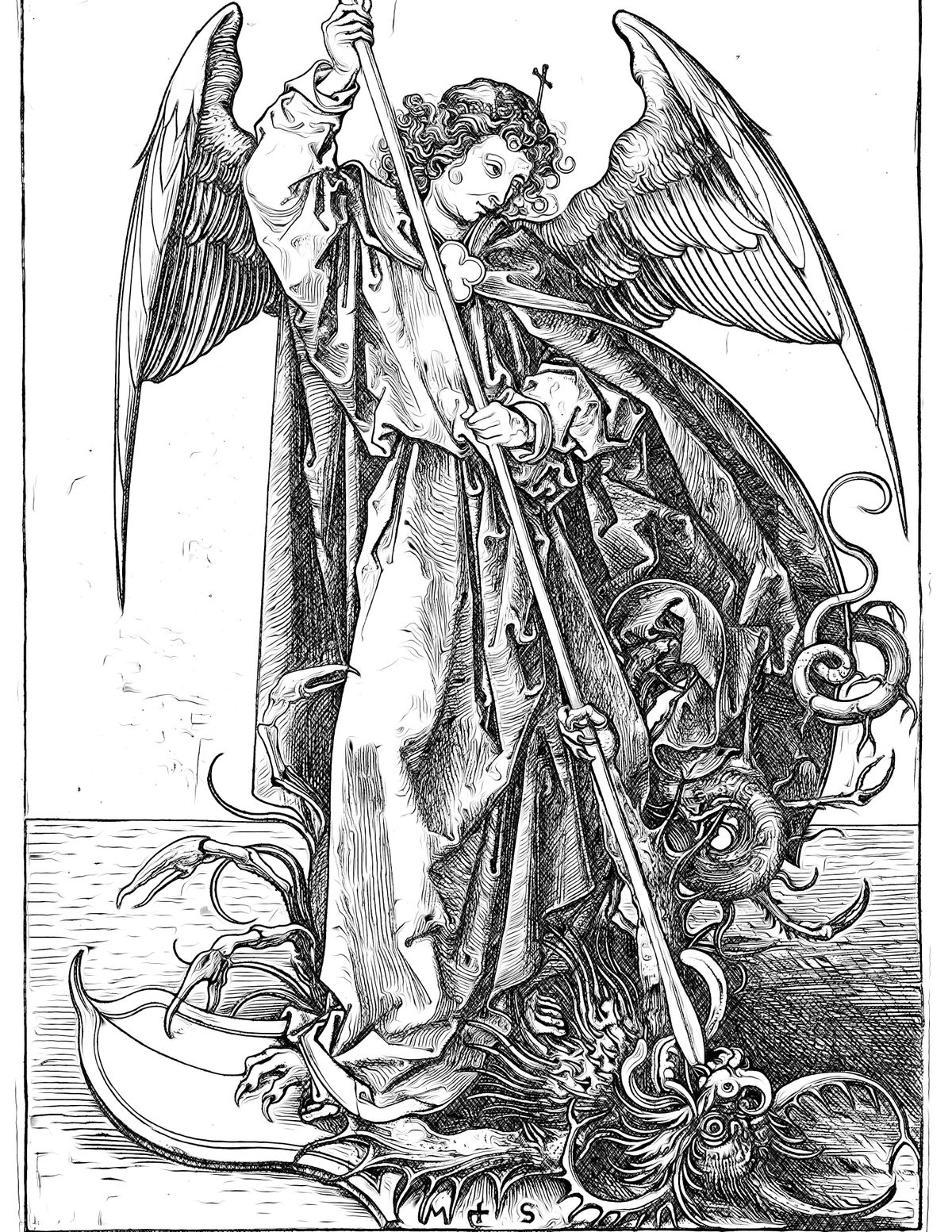 The Archangel Michael Piercing the Dragon - Catholic Coloring Page