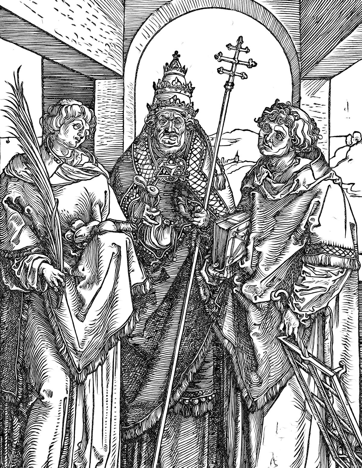 Saints Stephen, Sixtus II, and Laurence - Catholic Coloring Page