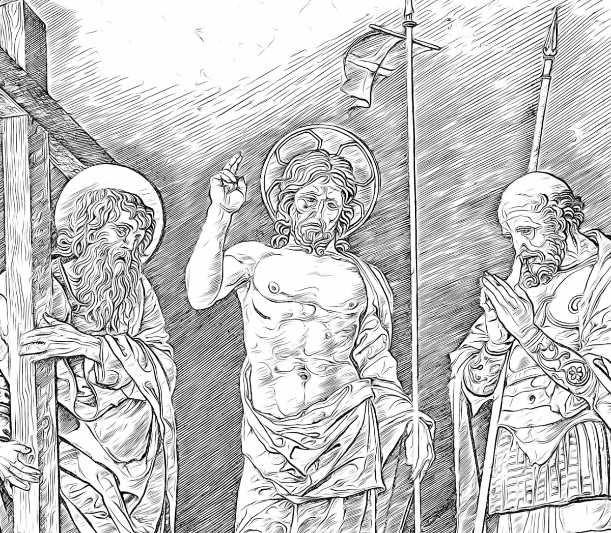 The Risen Christ between Saints Andrew and Longinus - Catholic Coloring Page