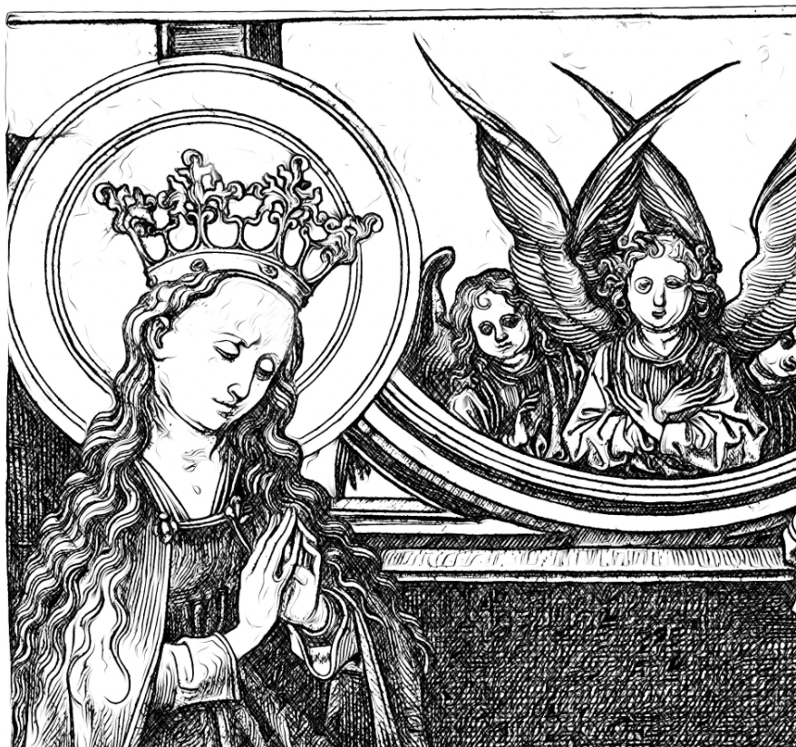 God the Father and the Blessed Virgin Enthroned Attended by Angels - Catholic Coloring Page