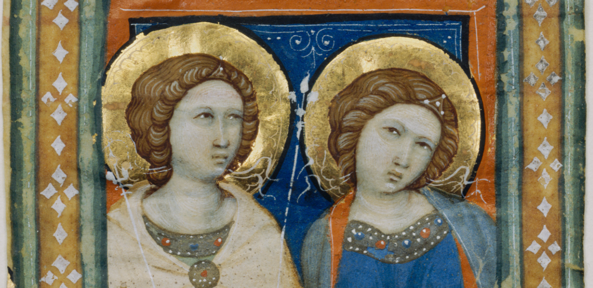 Illumination Excised from a Choir Book: Two Female Saints (1332) by Niccolo di ser Sozzo Tegliacci - Public Domain Catholic Painting