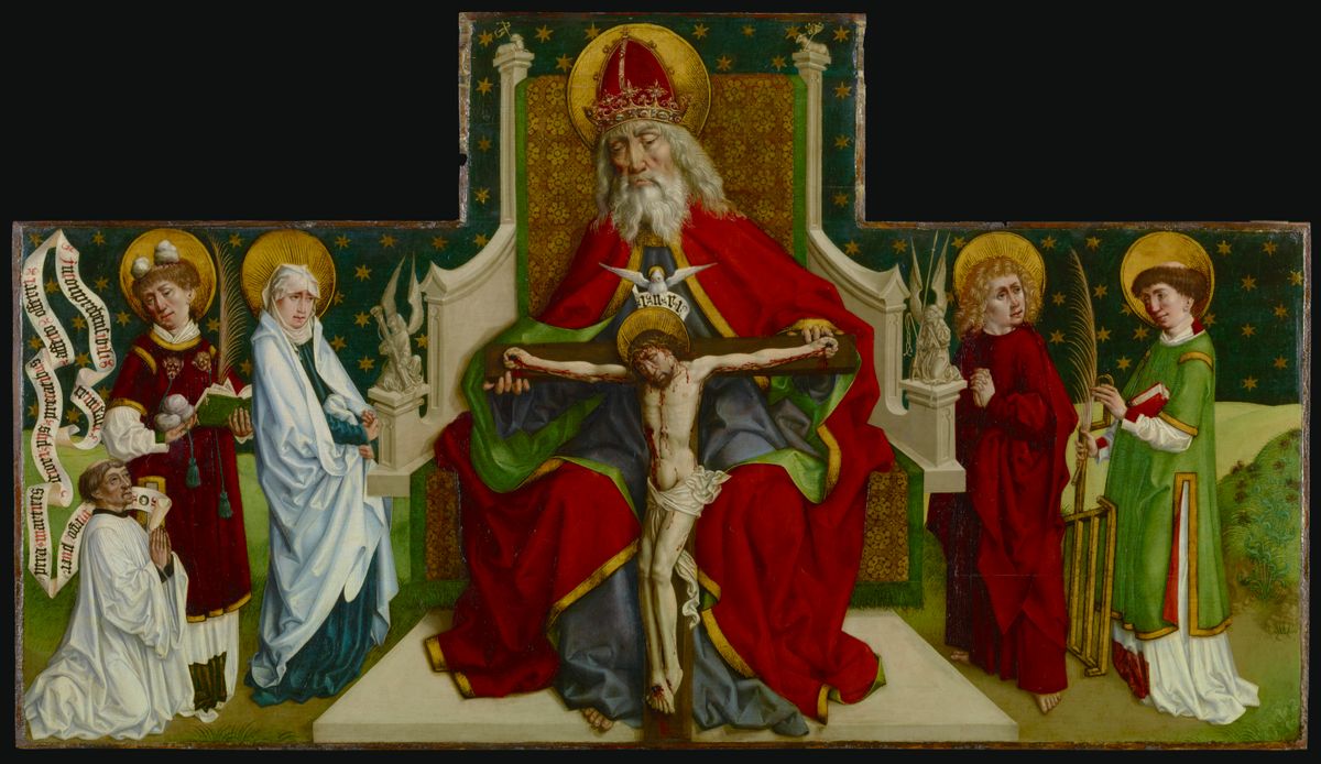 The Trinity with the Virgin, Saints John the Evangelist, Stephen and Lawrence and a Donor (1479) by The Peter Hemmel von Andlau Workshop - Public Domain Catholic Painting