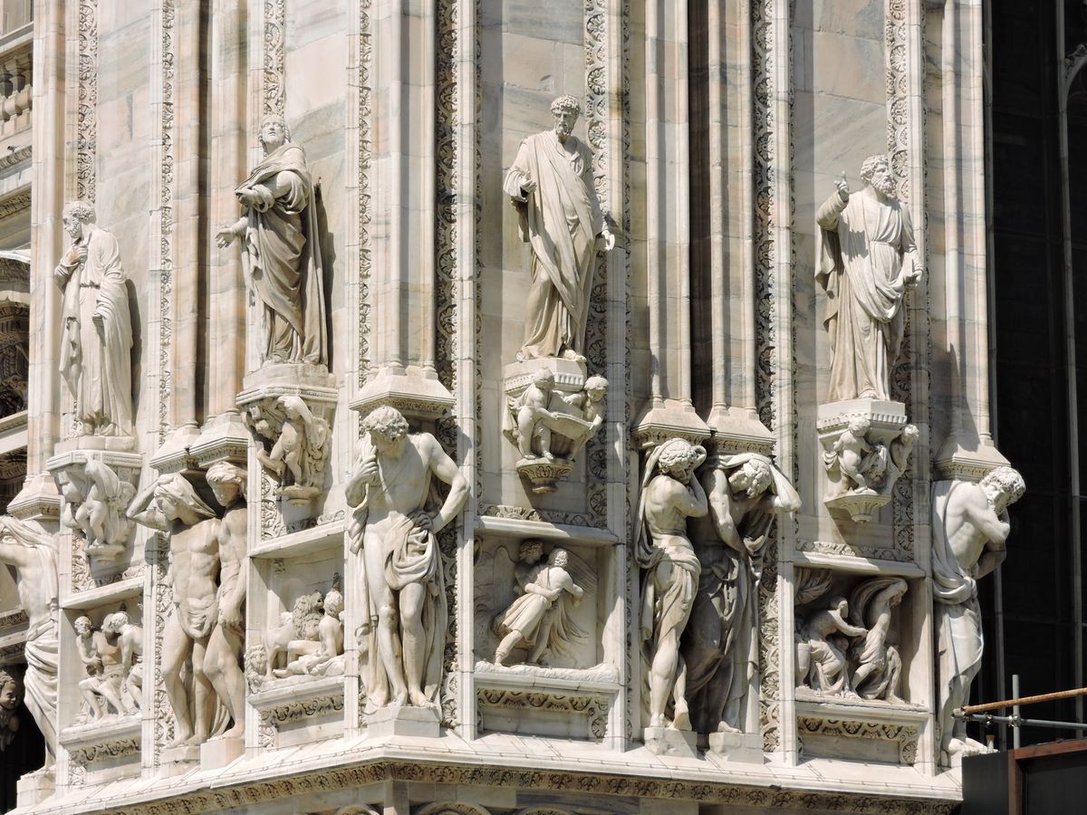 Ornamental Sculptures Outside Milan Cathedral - Catholic Stock Photo