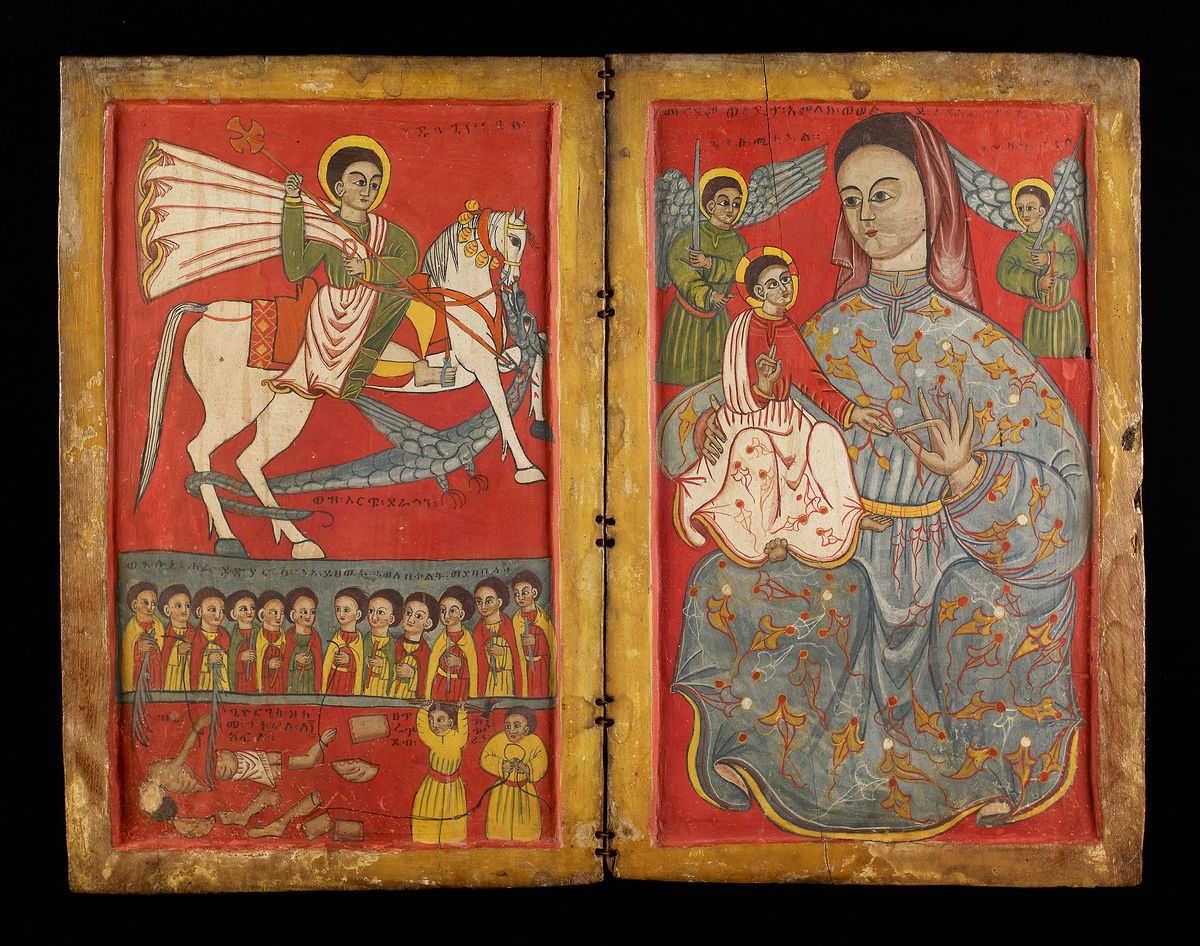 Saint George and Virgin Mary Ethiopian Icon (15th–16th Century) - Public Domain Orthodox Painting