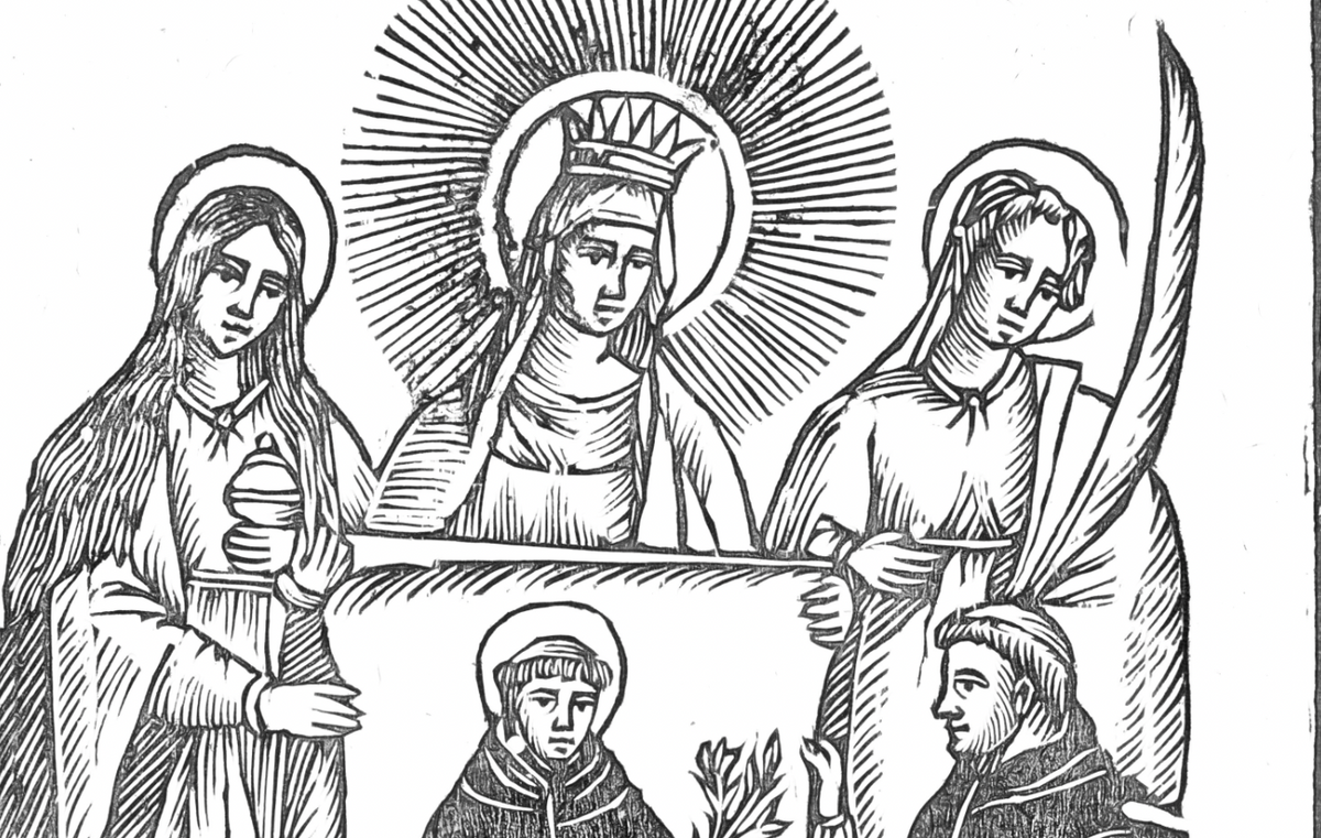 The Virgin Mary with Saints Barbara, Anthony of Padua, Justina of Padua, & Nicolas Factor - Catholic Coloring Page