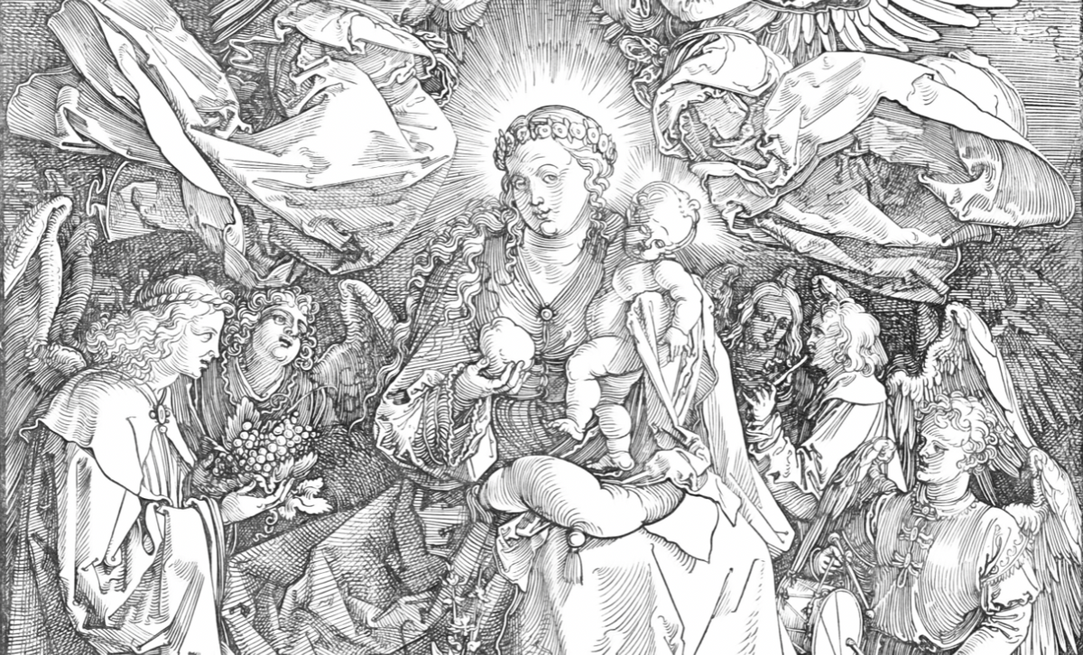 The Virgin and Child Jesus with Angels (1518) by Albrecht Dürer - Catholic Coloring Page