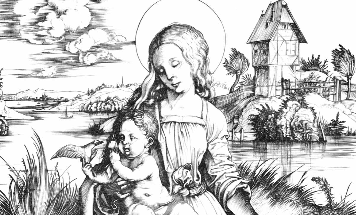 The Virgin and Child with a Monkey (1498) by
Albrecht Dürer - Catholic Coloring Page